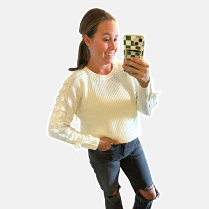 Cream Lace Up Bow Sleeve Sweater