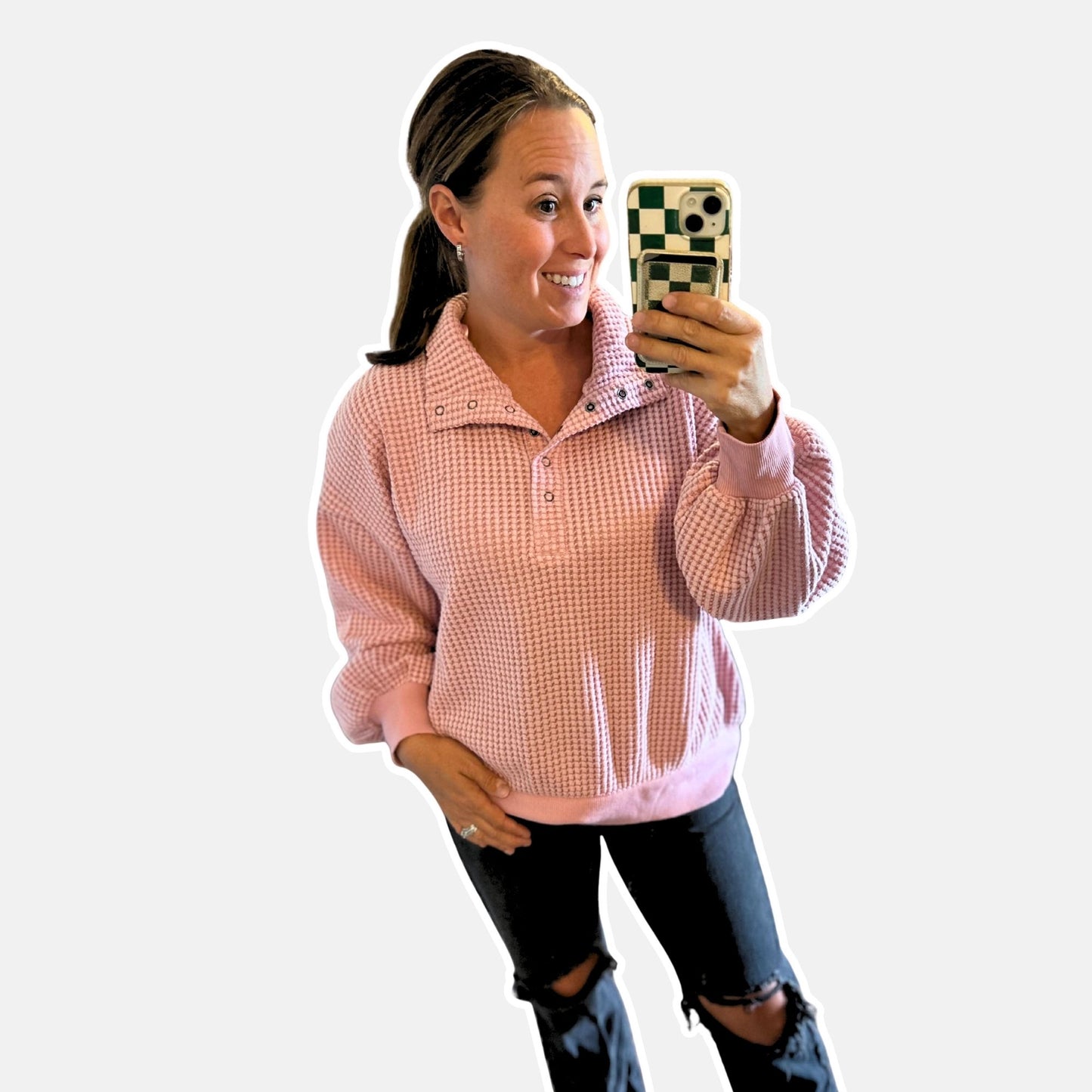 Waffle Knit Pullover - Pink