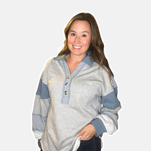 Contrast Stripe Pullover - Heather Gray/Blue