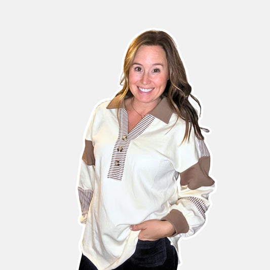 Contrast Stripe Pullover - Ivory/Mocha
